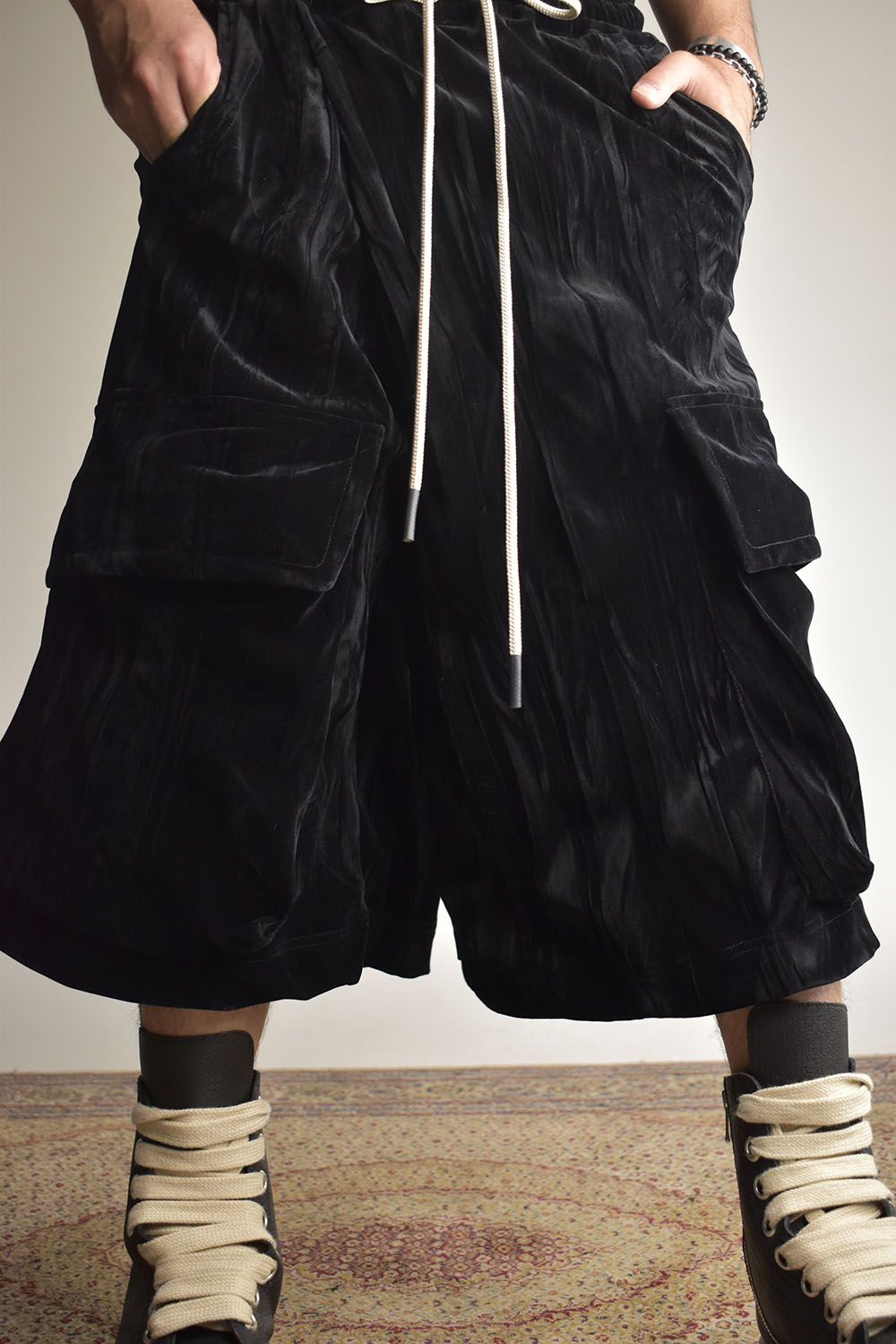 Washer Velour Wrap Skirt Pants"Black" / ワッシャーベロアラップスカートパンツ"ブラック"