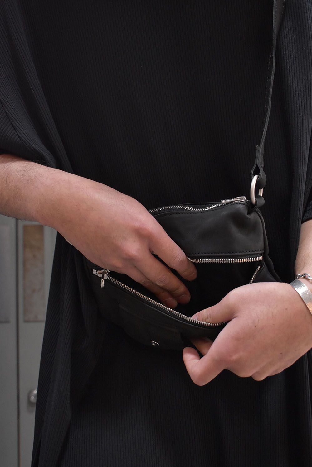 Japan Calf Product Wash Rider's Succotch"Black" / ジャパンカーフ製品洗いライダースサコッシュ"ブラック"