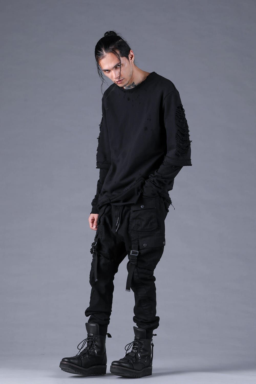 Sweat Shotgun Damage Layered Tee"Black" / 裏毛ショットガンダメージレイヤードTee"ブラック"