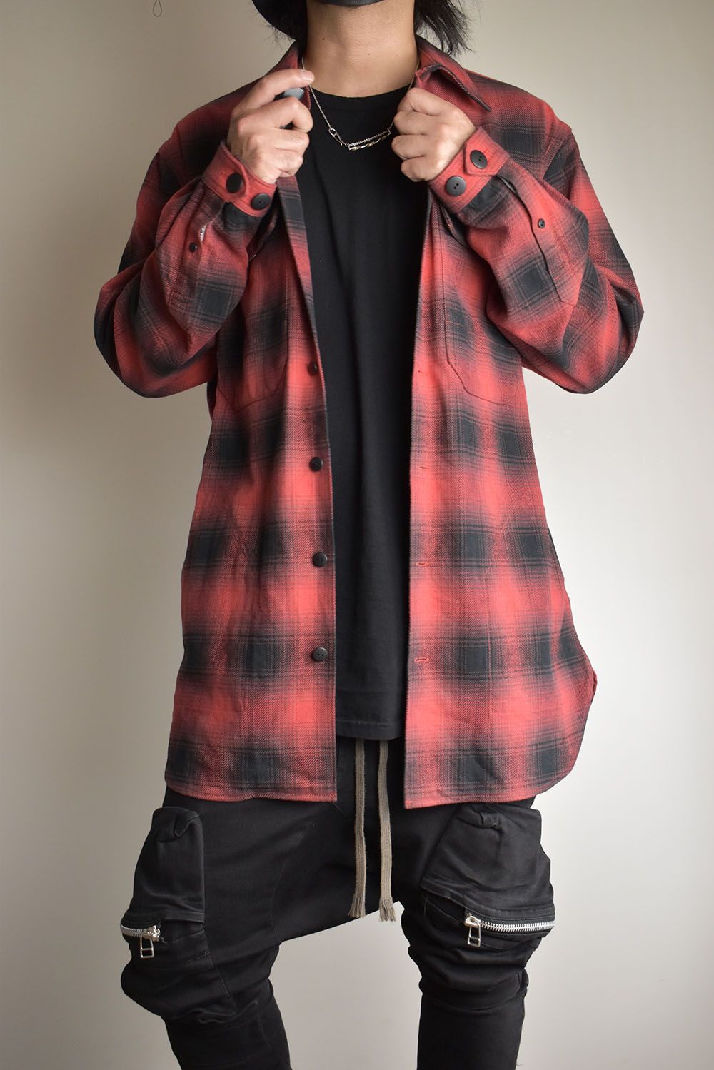 Ombre Check Long Shirts Jacket"Red Check" / オンブレチェックロングシャツジャケット"レッドチェック"