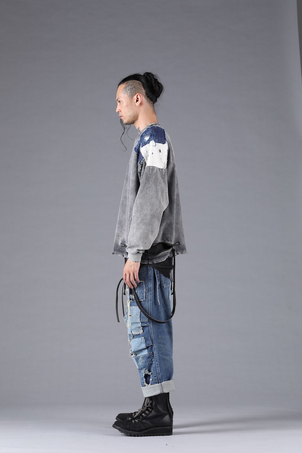 Damage Patch Open High Gauge Long Sleeve Tee"Charcoal" ダメージパッチジップオープンハイゲージロングスリーブTシャツ"チャコール"