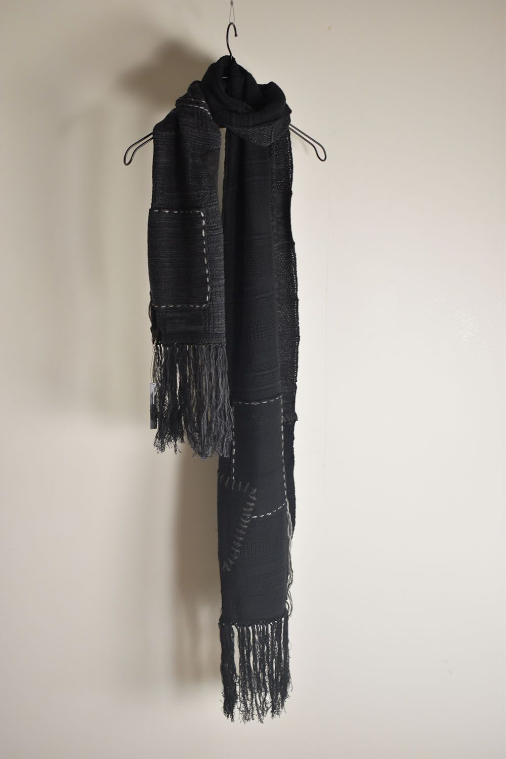Cotton Cashmere Crust Patch Knit Long Stole "Charcoal x Black" / コットンカシミヤクラストパッチニットロングストール"チャコール×ブラック"