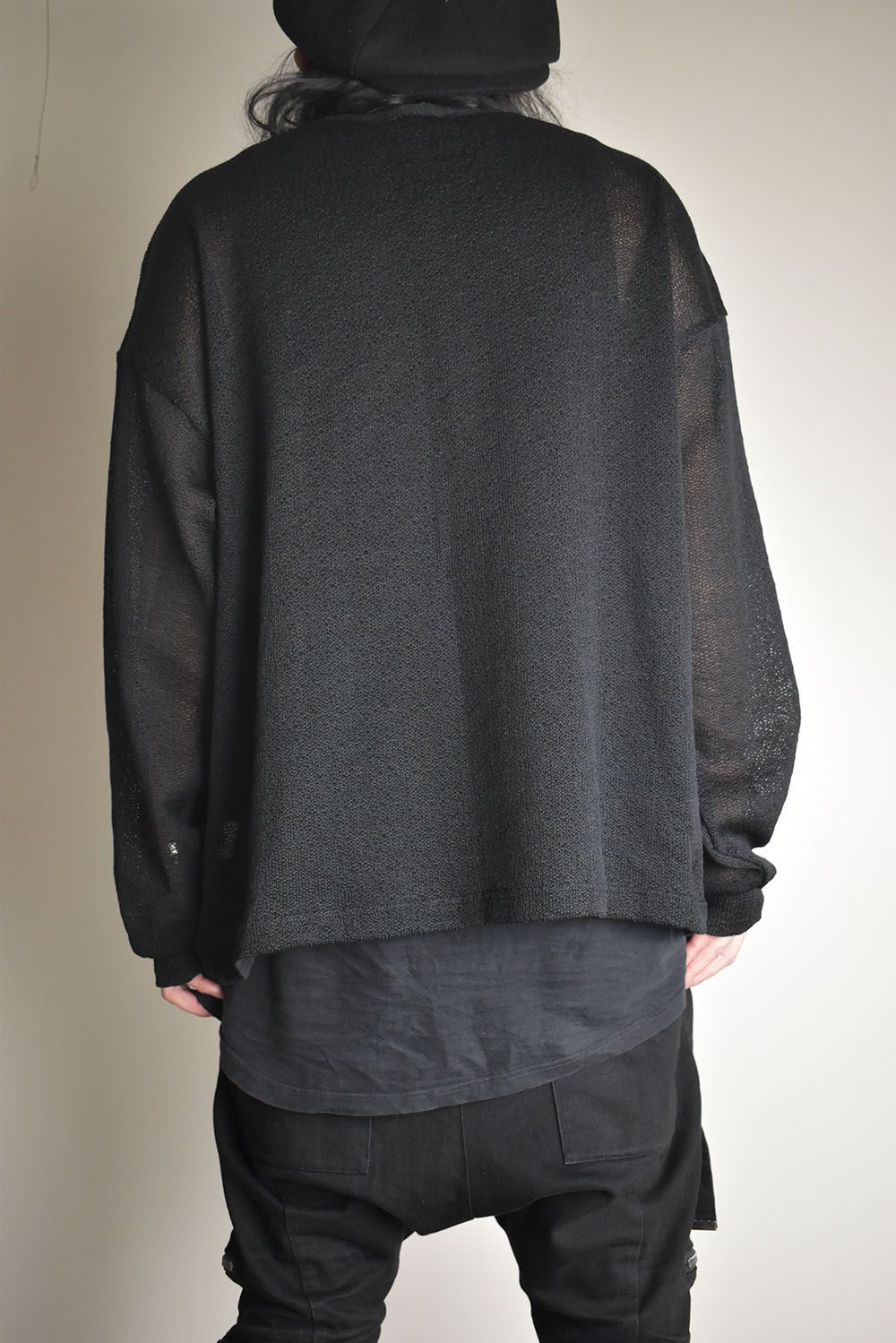 Cotton Low Gauge Knit Cardigan Layered Pullover"Black" / コットンローゲージニットカーディガンレイヤードプルオーバー"ブラック"