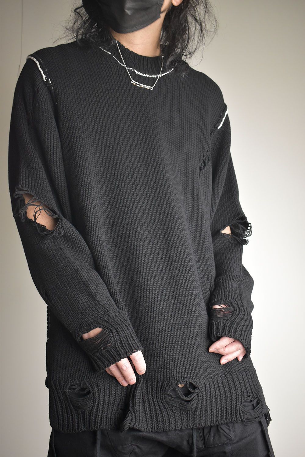 Cotton 3GG Damaged Knit Pullover"Black" / コットン 3GG ダメージニットプルオーバー"ブラック"
