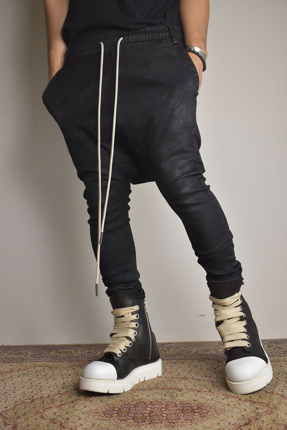 Coated Stretch denim Sarouel skinny"Black" / コーティングストレッチデニムサルエルスキニー"ブラック"