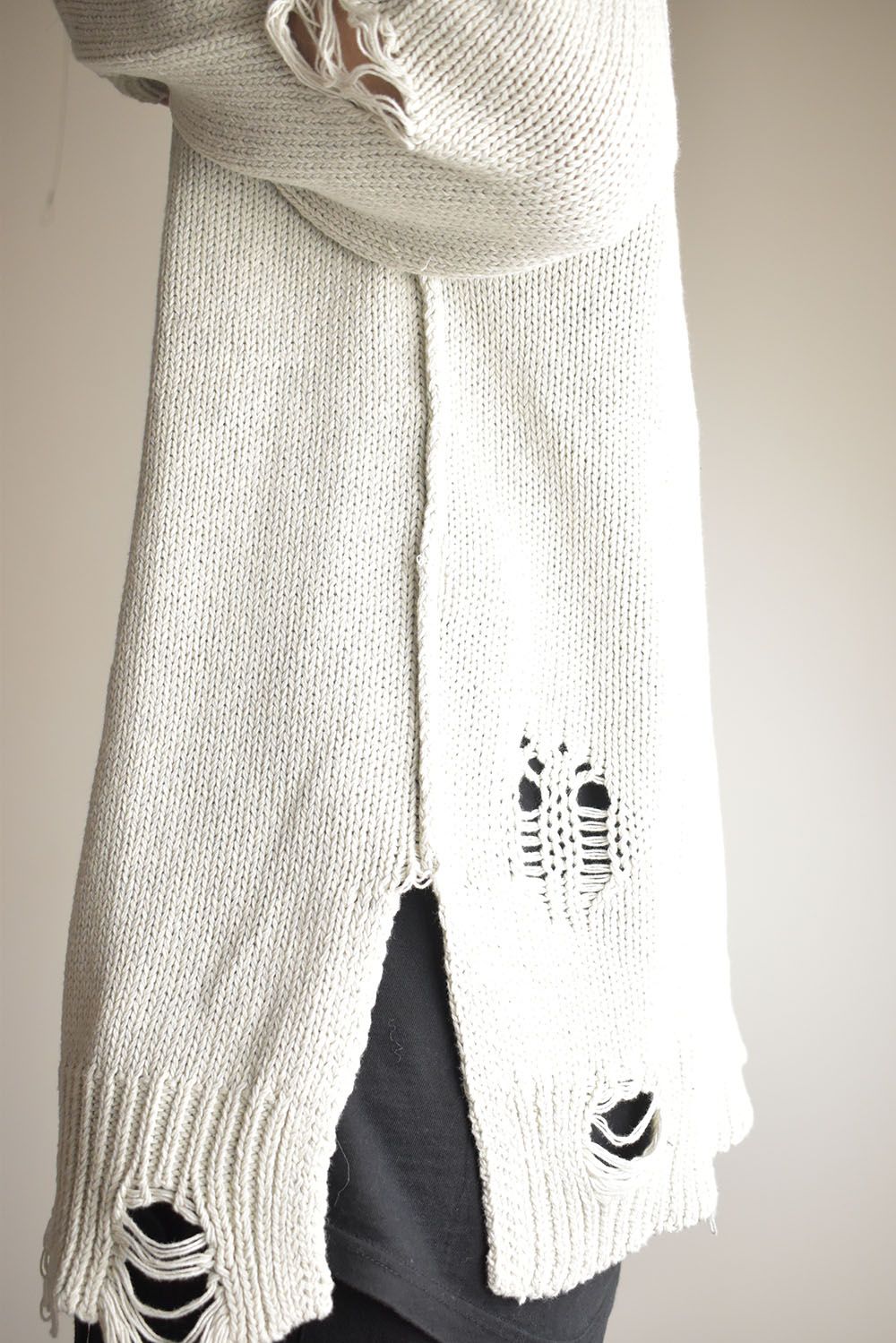 Cotton 3GG Damaged Knit Pullover"Light Grey" / コットン 3GG ダメージニットプルオーバー"ライトグレー"