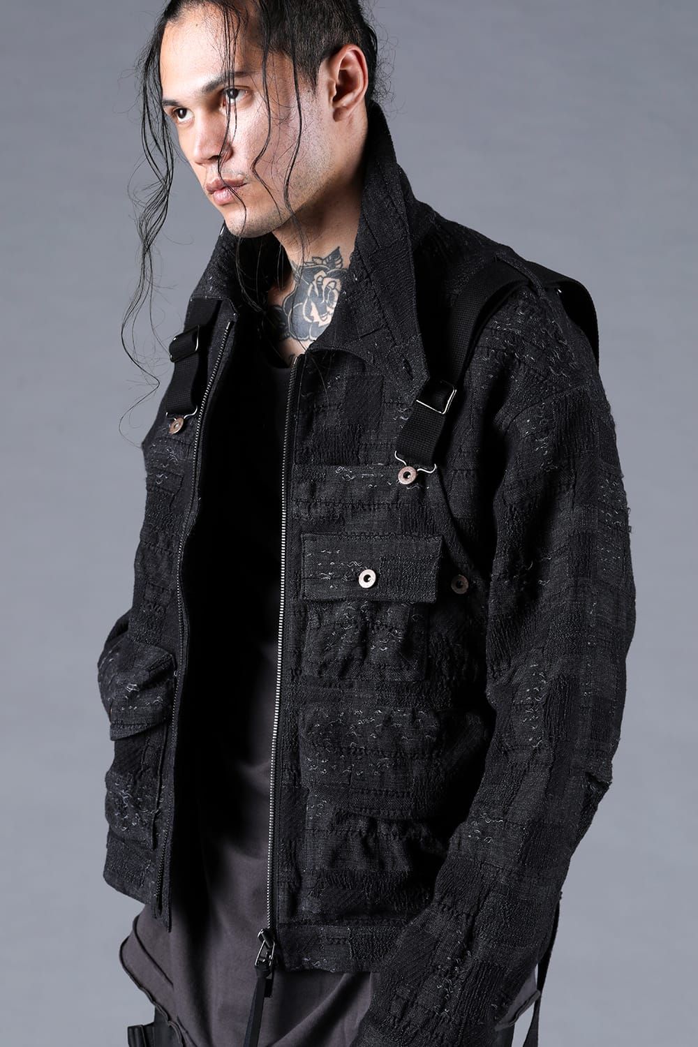Crust Jacquard Salopette Layered Jacket"Black" / クラストジャガードサロペットレイヤードジャケット"ブラック"
