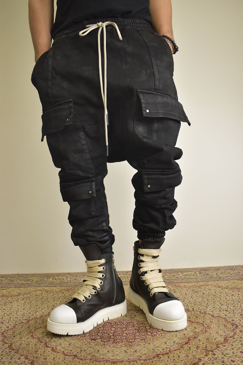 Coating Bonding Sarouel Cargo Jogger Denim"Black" / コーティングボンディングサルエルカーゴジョガーデニム"ブラック"