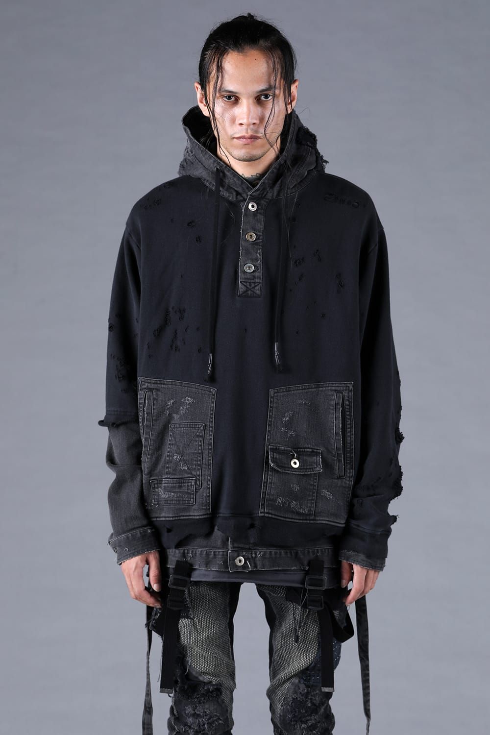 Denim Combination Non-Twisted Yarn Lined Oversized Pullover Hoodie"Black" / デニムコンビネーション無撚糸裏毛オーバーサイズプルオーバーフーディー"ブラック"