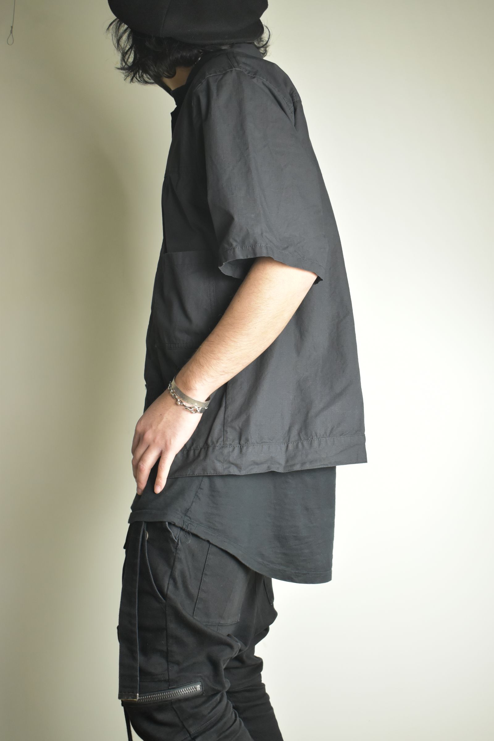 Rip Stop Open Collar Shirt"Black" / リップストップオープンカラーシャツ"Black"