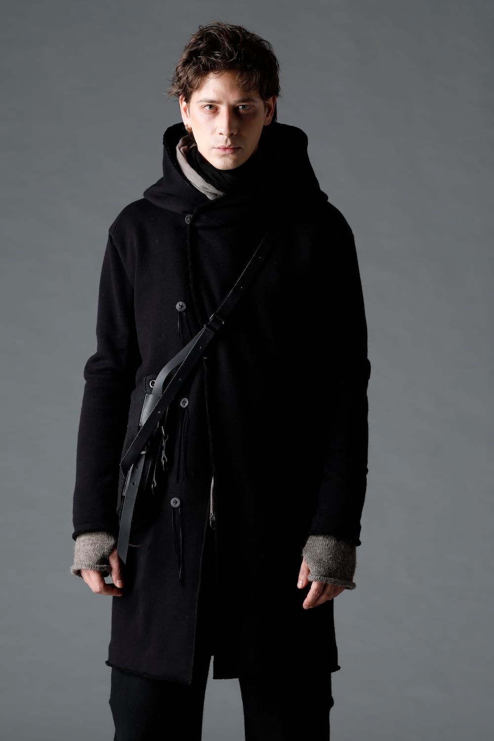 Cashmere×Wool×Cotton Hooded Long Coat"Black"/カシミヤ×ウール×コットン鹿の子裏毛フーデットロングコート"Black"
