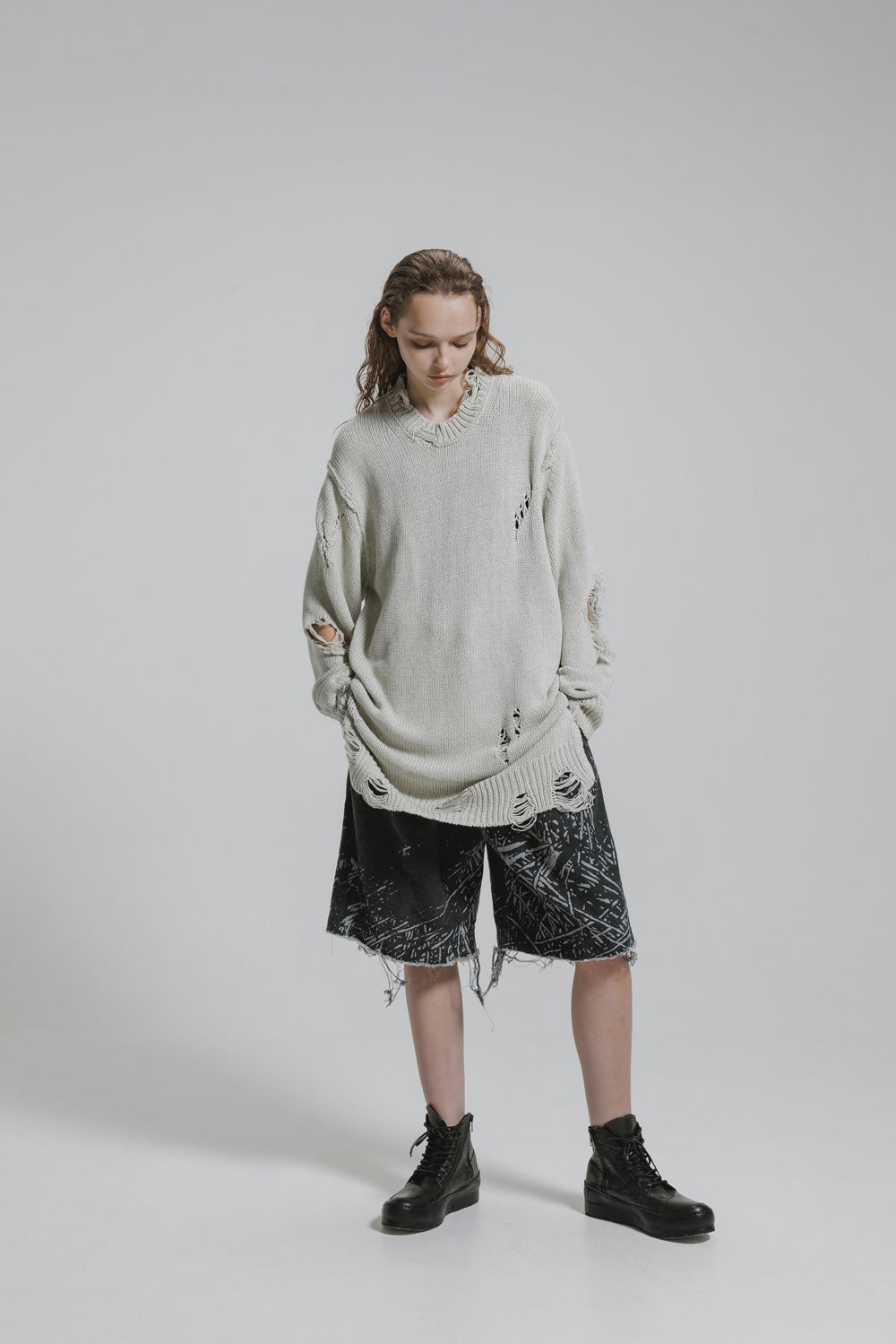 Cotton 3GG Damaged Knit Pullover"Light Grey" / コットン 3GG ダメージニットプルオーバー"ライトグレー"
