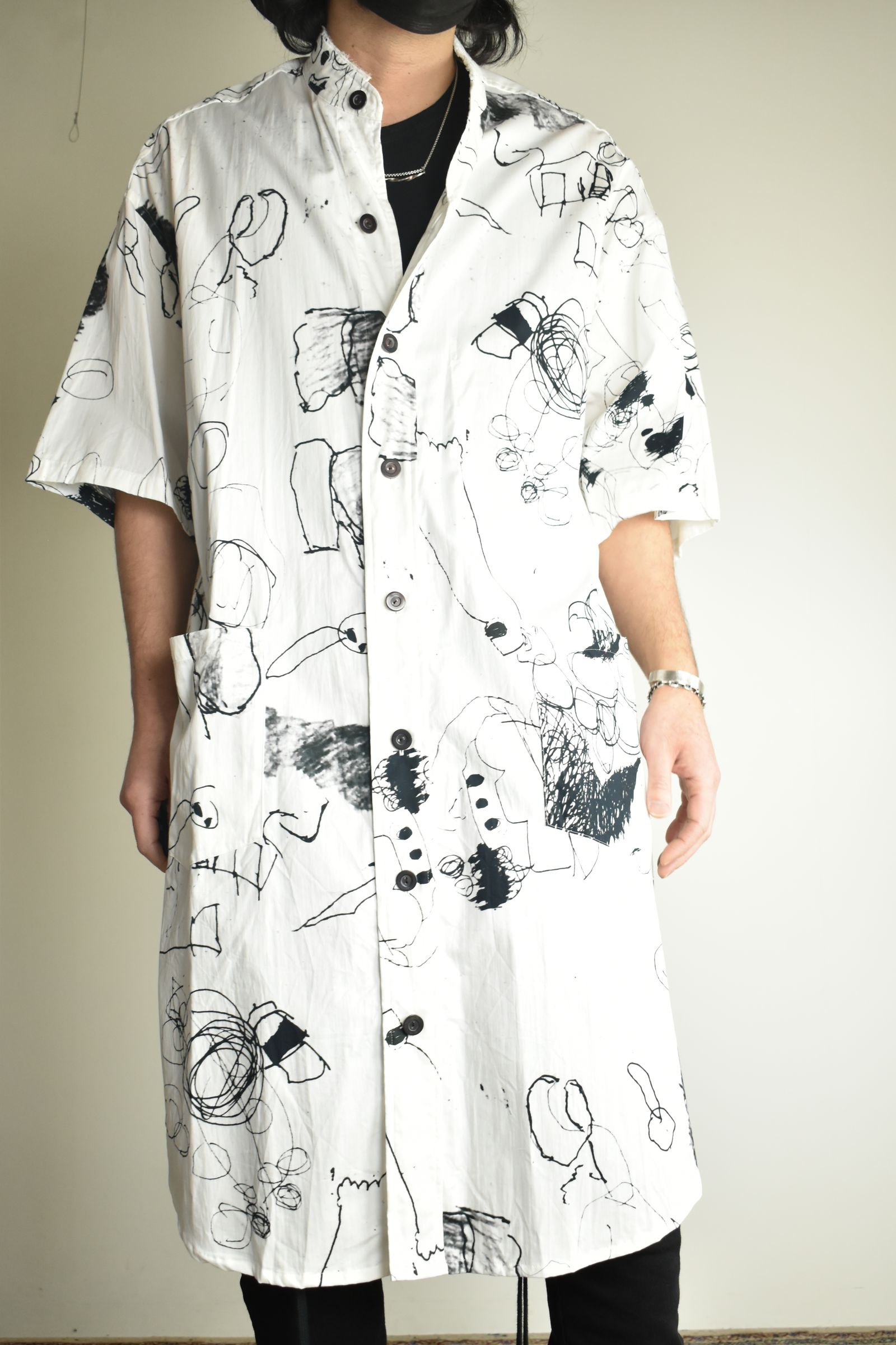 Cotton Twill Ink Jet Short-Sleeved Big Shirt&Dress"White Black" / コットンツイルインクジェット半袖ビッグシャツ / ワンピース"ホワイト ブラック"