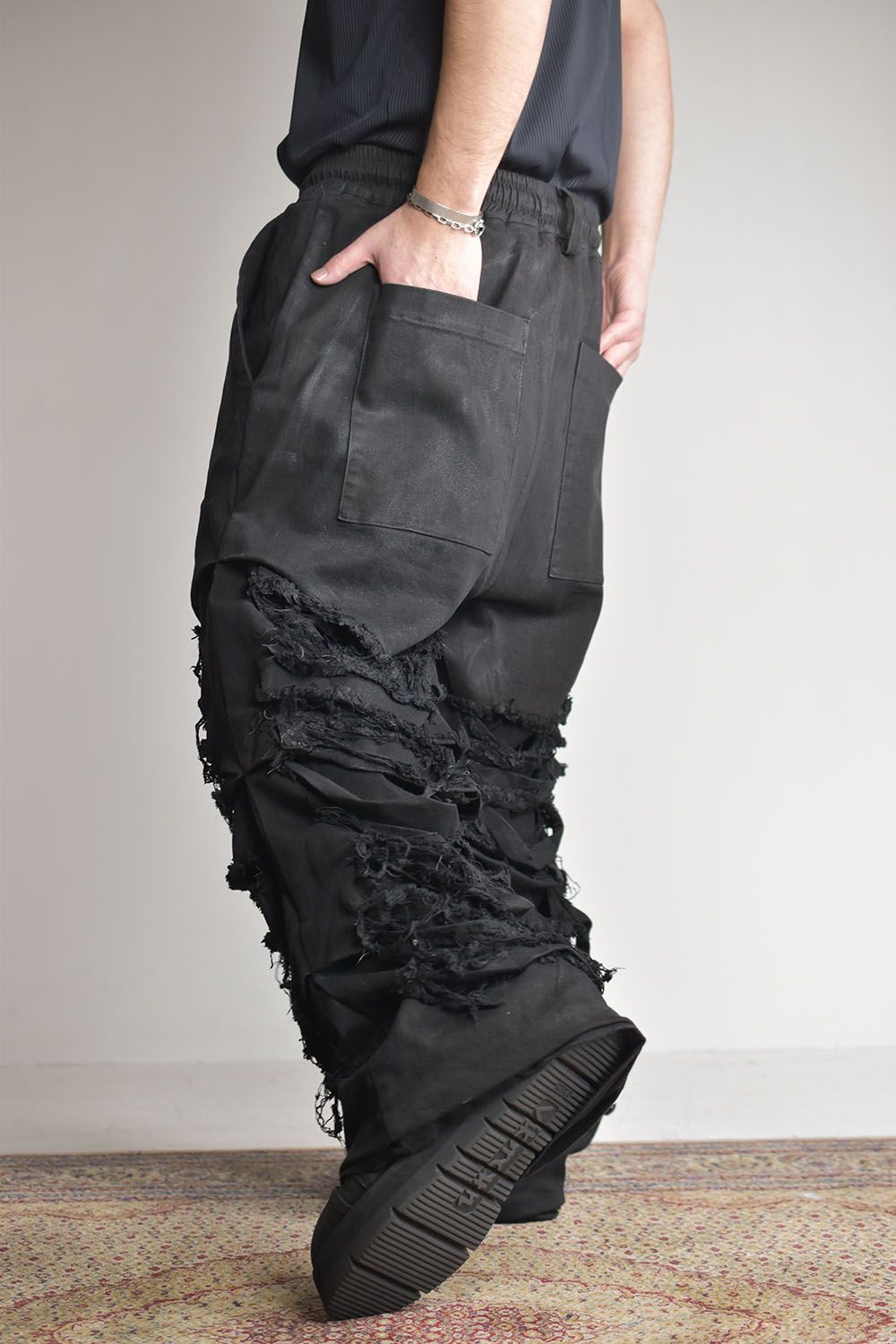 《2025AW先行予約》Damage Denim Tuck Wide Pants"Black"/ダメージデニムタックワイドパンツ"ブラック"