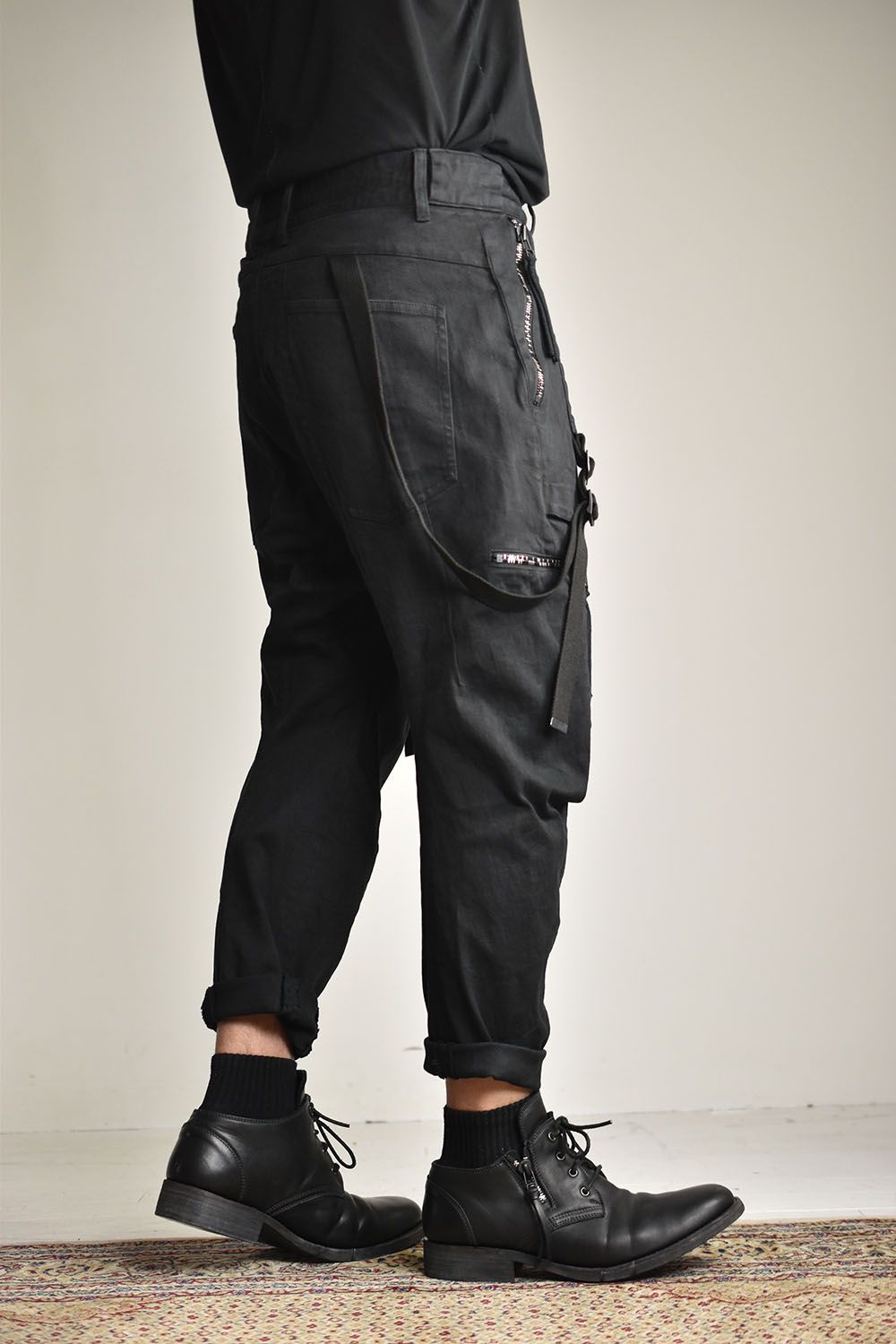 Stretch Cotton Denim Tapered Cargo Cropped Denim Pants "Black"/ストレッチコットンデニムテーパードカーゴクロップドデニムパンツ"ブラック"