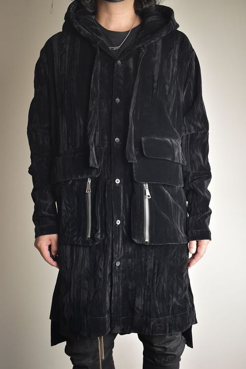Washer Velour Hooded Long Jacket"Black" / ワッシャーベロアフーデッドロングジャケット"ブラック"