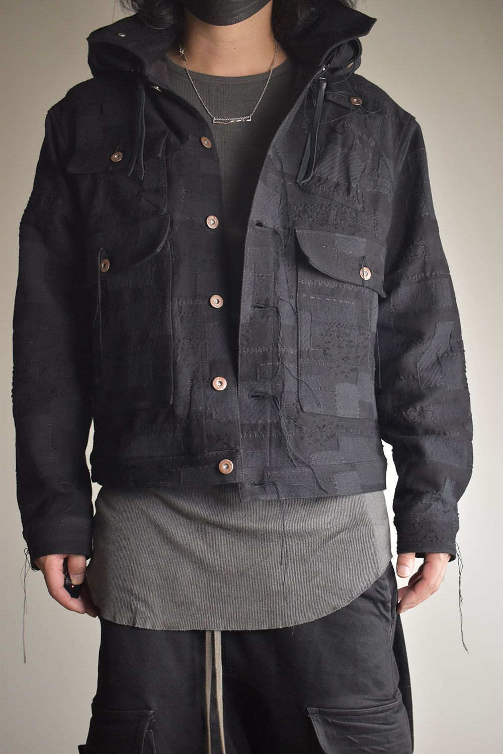 Crust Patchwork Jacquard Hood Attached Jacket "Black" / クラストパッチワークジャガードフードアタッチドジャケット"ブラック"