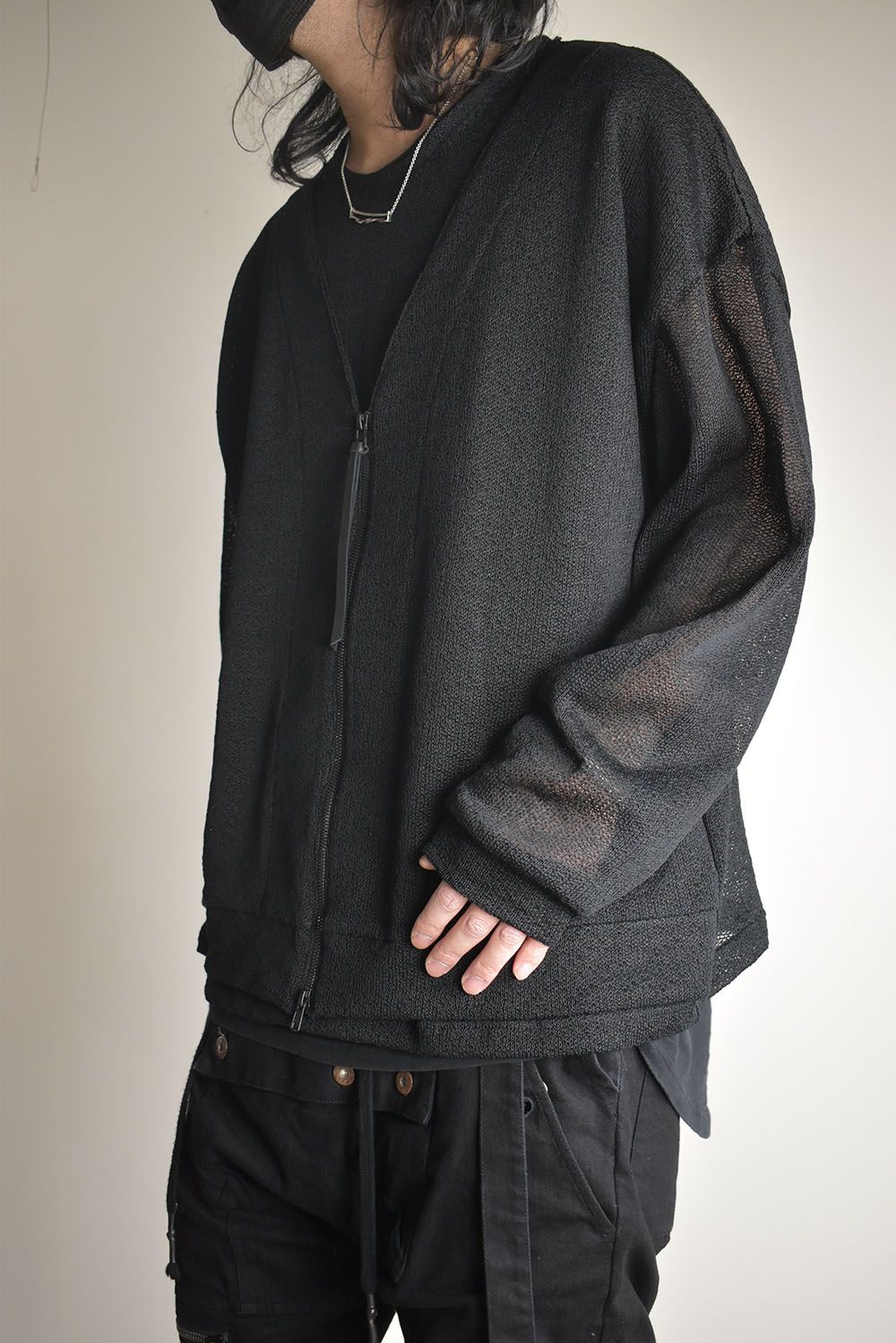Cotton Low Gauge Knit Cardigan Layered Pullover"Black" / コットンローゲージニットカーディガンレイヤードプルオーバー"ブラック"