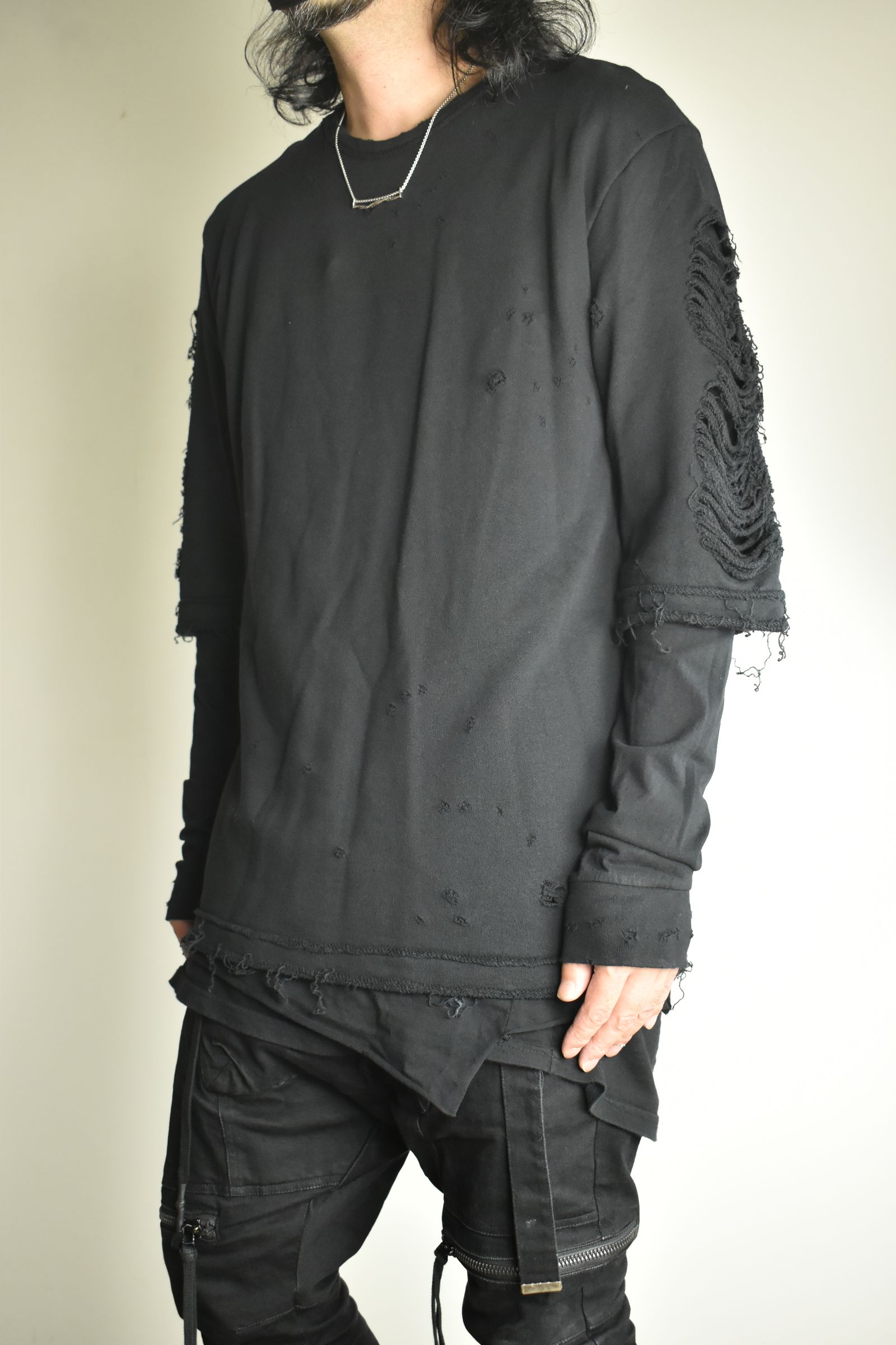 Sweat Shotgun Damage Layered Tee"Black" / 裏毛ショットガンダメージレイヤードTee"ブラック"