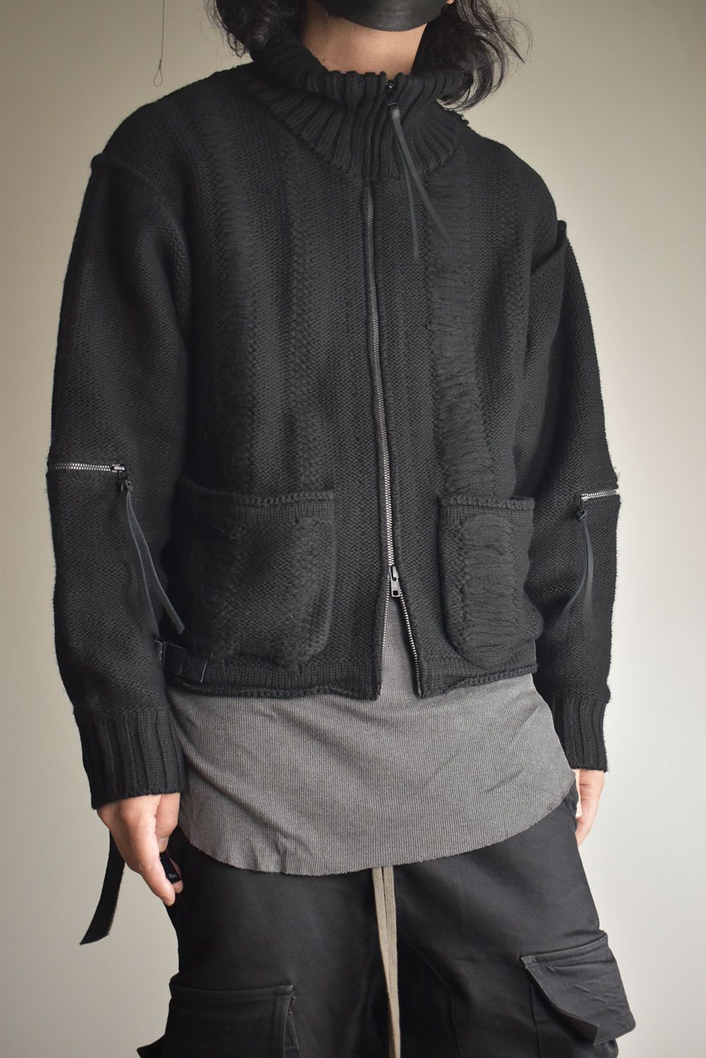 Damage Stripe Knit Cropped Jacket "Black" / ダメージストライプニットクロップドジャケット"ブラック"