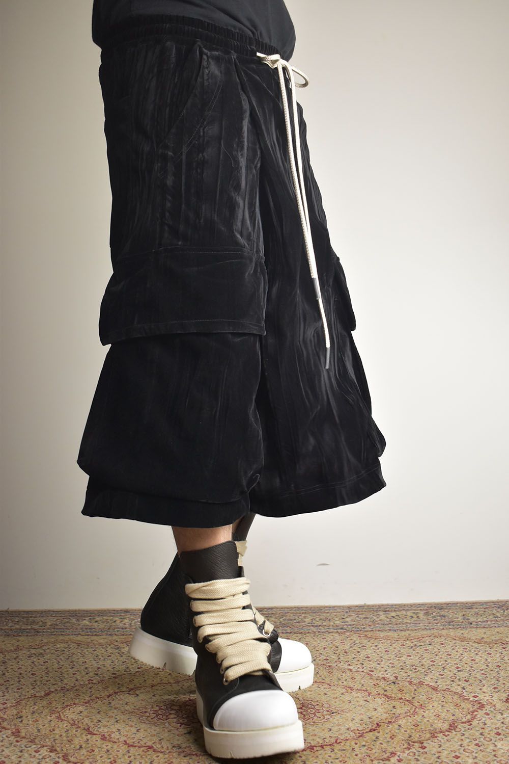 Washer Velour Wrap Skirt Pants"Black" / ワッシャーベロアラップスカートパンツ"ブラック"
