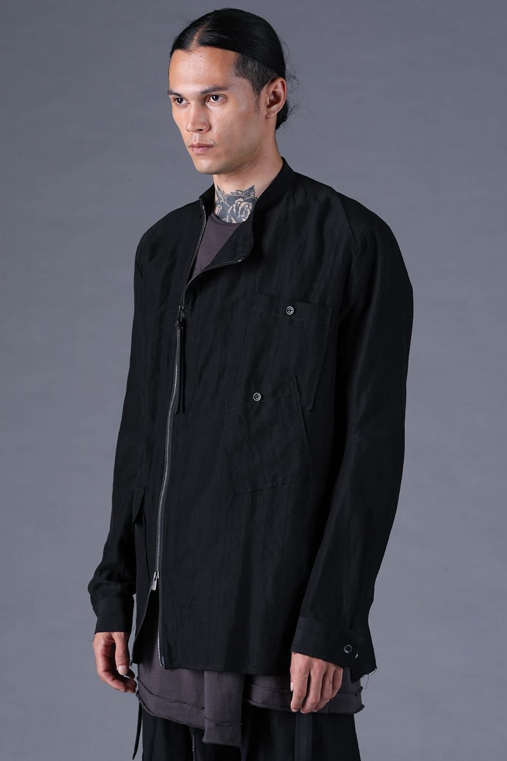 《2027SS先行予約分》Scarf-Stripe Jacquard Band-Collar Shirt"Black" / スカーストライプジャガードバンドカラーシャツ "ブラック"