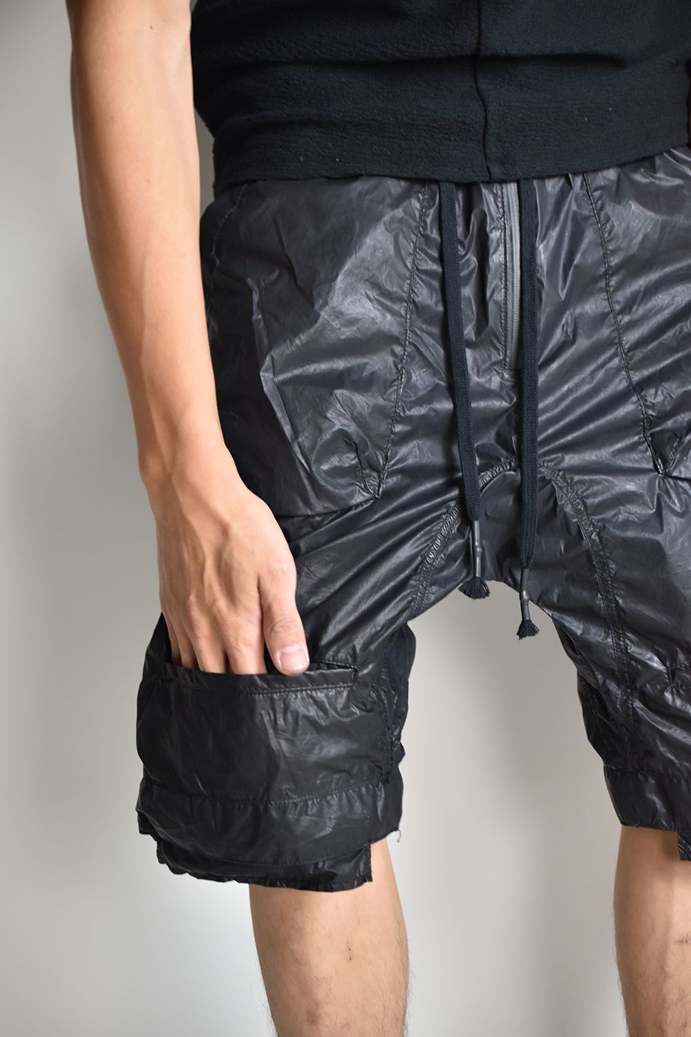 Carbon Coating Nylon Drop Crotch Short Pants"Black" /カーボンコーティングナイロンドロップクロッチショートパンツ"ブラック"