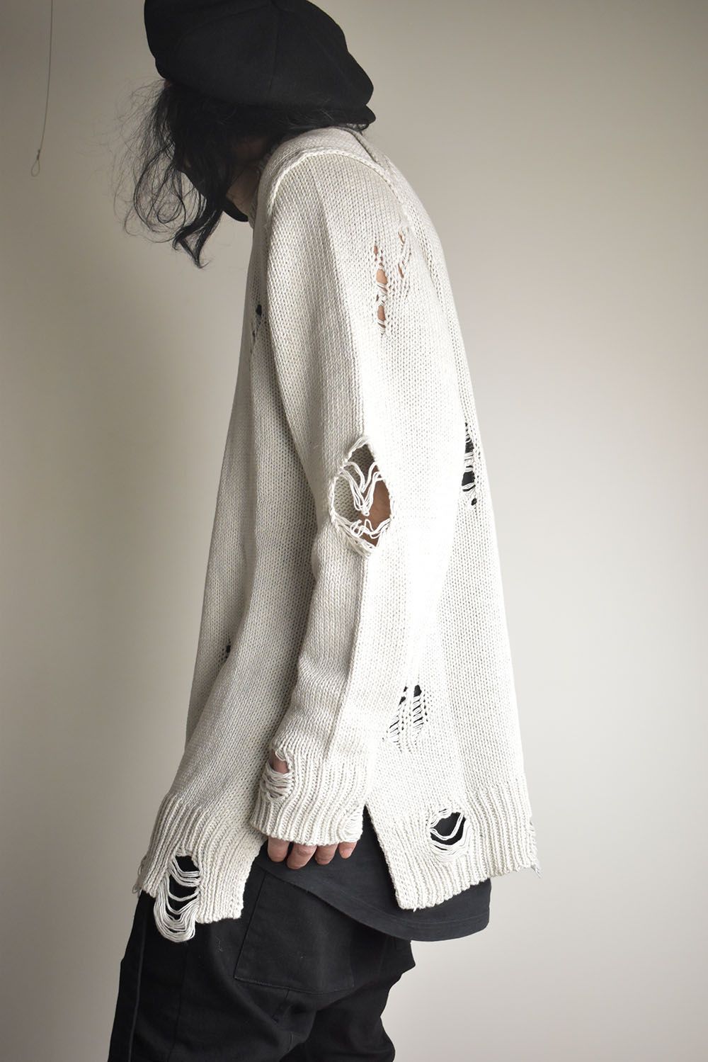 Cotton 3GG Damaged Knit Pullover"Light Grey" / コットン 3GG ダメージニットプルオーバー"ライトグレー"