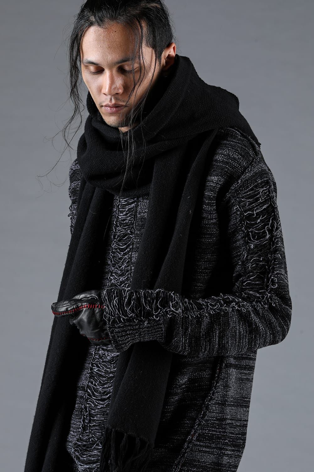 Merino Wool Knit Hooded Long Scarf “Black" / メリノウールニットフードロングマフラー"ブラック"