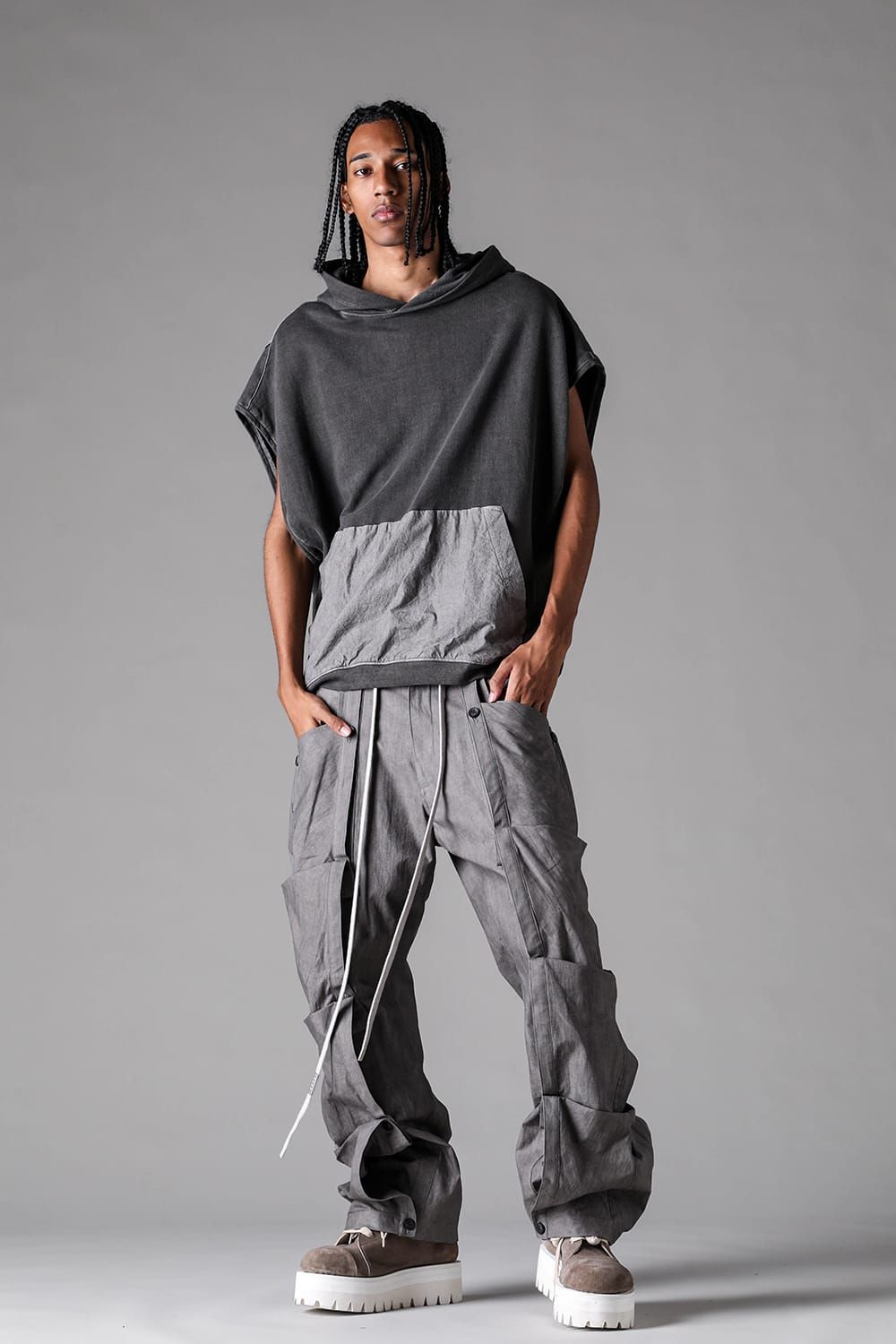 《2027SS先行予約》Sumi Dyed Lightweight French Terry Sleeve Less Hoodie "L.Grey  / D.Grey" / 墨染ミニ裏毛スリーブレスフーディ"ライトグレー / ダークグレー"