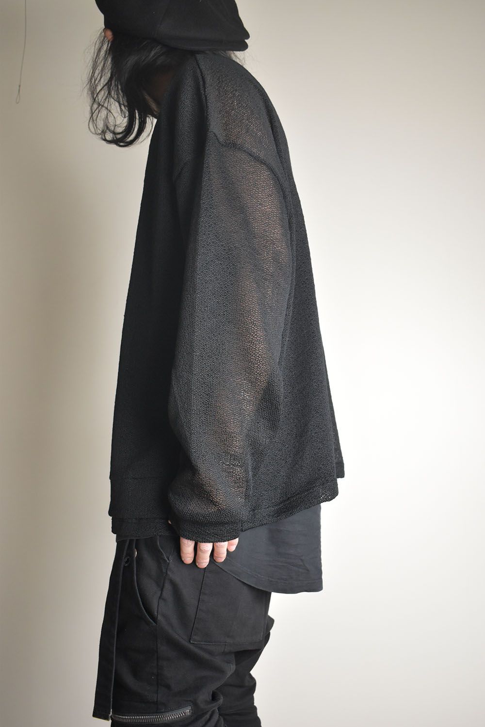 Cotton Low Gauge Knit Cardigan Layered Pullover"Black" / コットンローゲージニットカーディガンレイヤードプルオーバー"ブラック"