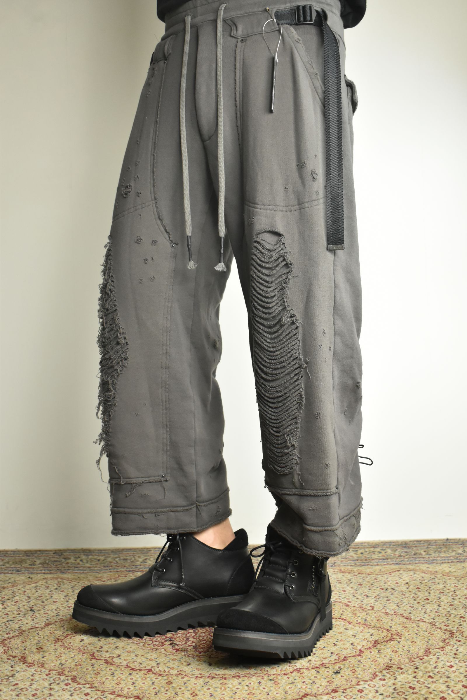 Untwisted Yarn Fleece Shotgun Wide Cropped Pants"Charcoal" / 無撚糸裏毛ショットガンワイドクロップドパンツ"チャコール"