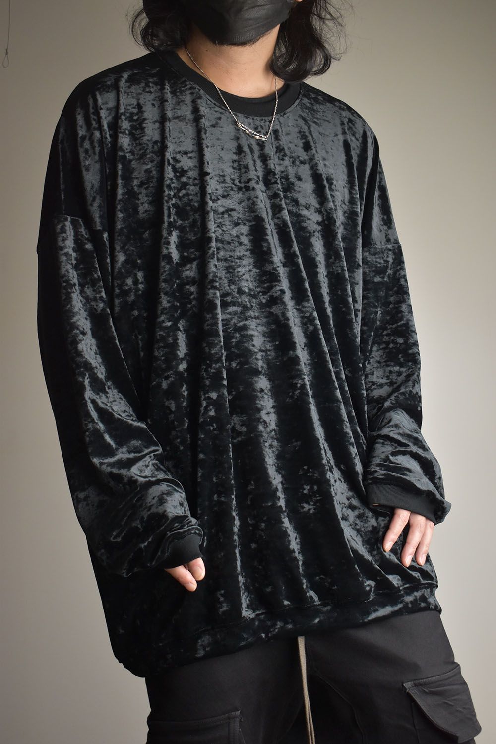 Washer Velor Jumbo Crew Neck Top"Black" / ワッシャーベロアジャンボクルーネックトップ"ブラック"