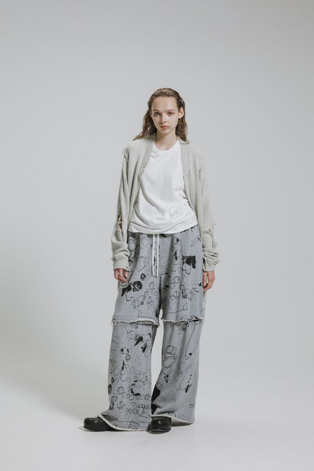 Sweat Print Wide Pants"Grey" / スウェットプリントワイドパンツ"グレー"