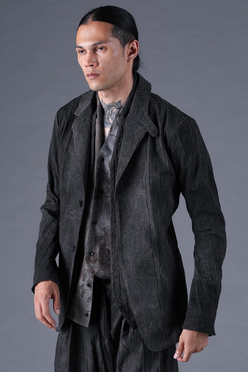 《2027SS先行予約分》Mura-Dye Dobby Stripe Tailored Jacket"Charcoal" / ムラ染トビーストライプテイラードジャケット"チャコール"