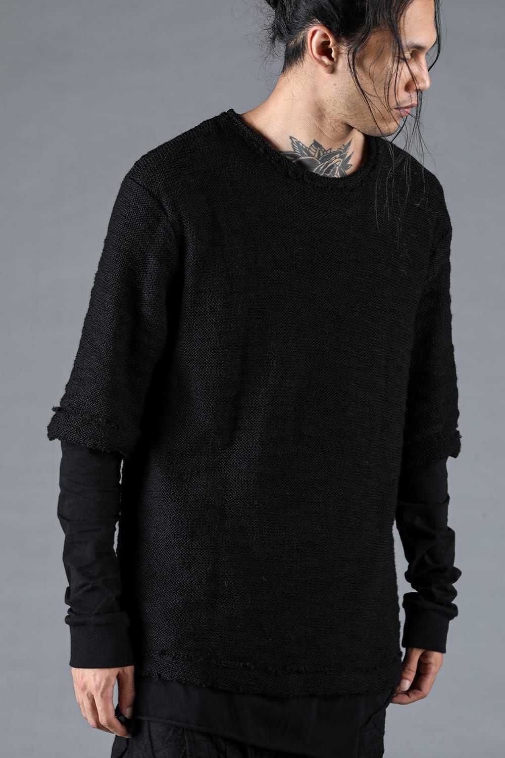 Low Gauge Knit and Cotton Jersey Layered T-Shirt "Black" / ローゲージニット×コットンジャージレイヤードTシャツ"ブラック"