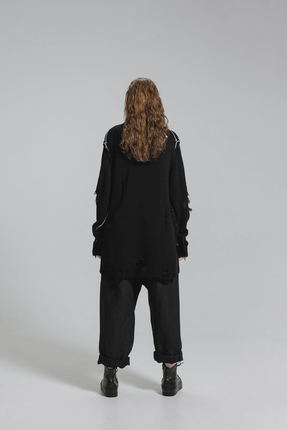 Cotton 3GG Damaged Knit Pullover"Black" / コットン 3GG ダメージニットプルオーバー"ブラック"