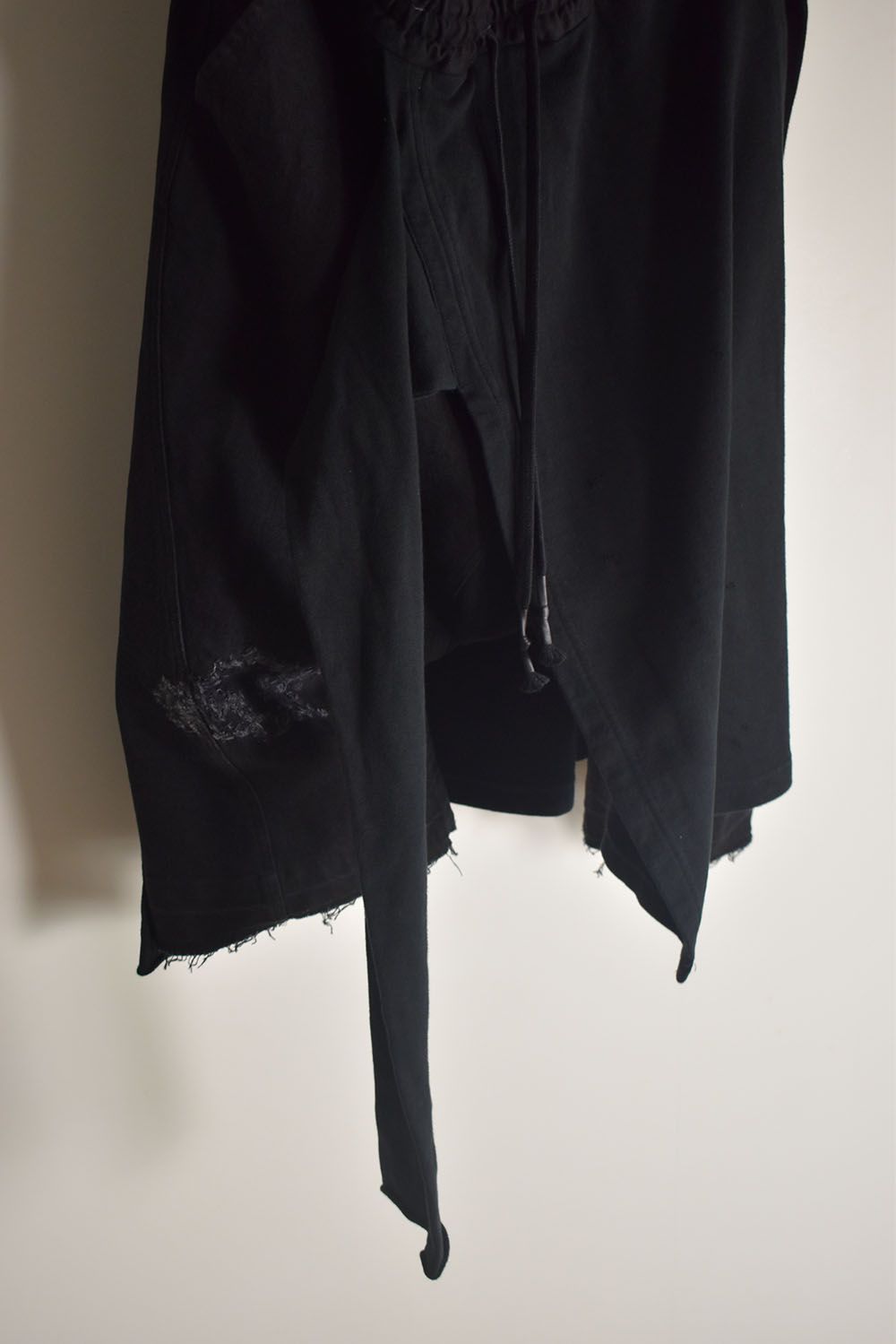 Stretch Denim Distressed Apron Wide Cropped Pants "Black" / ストレッチデニムダメージエプロンワイドクロップドパンツ"ブラック"