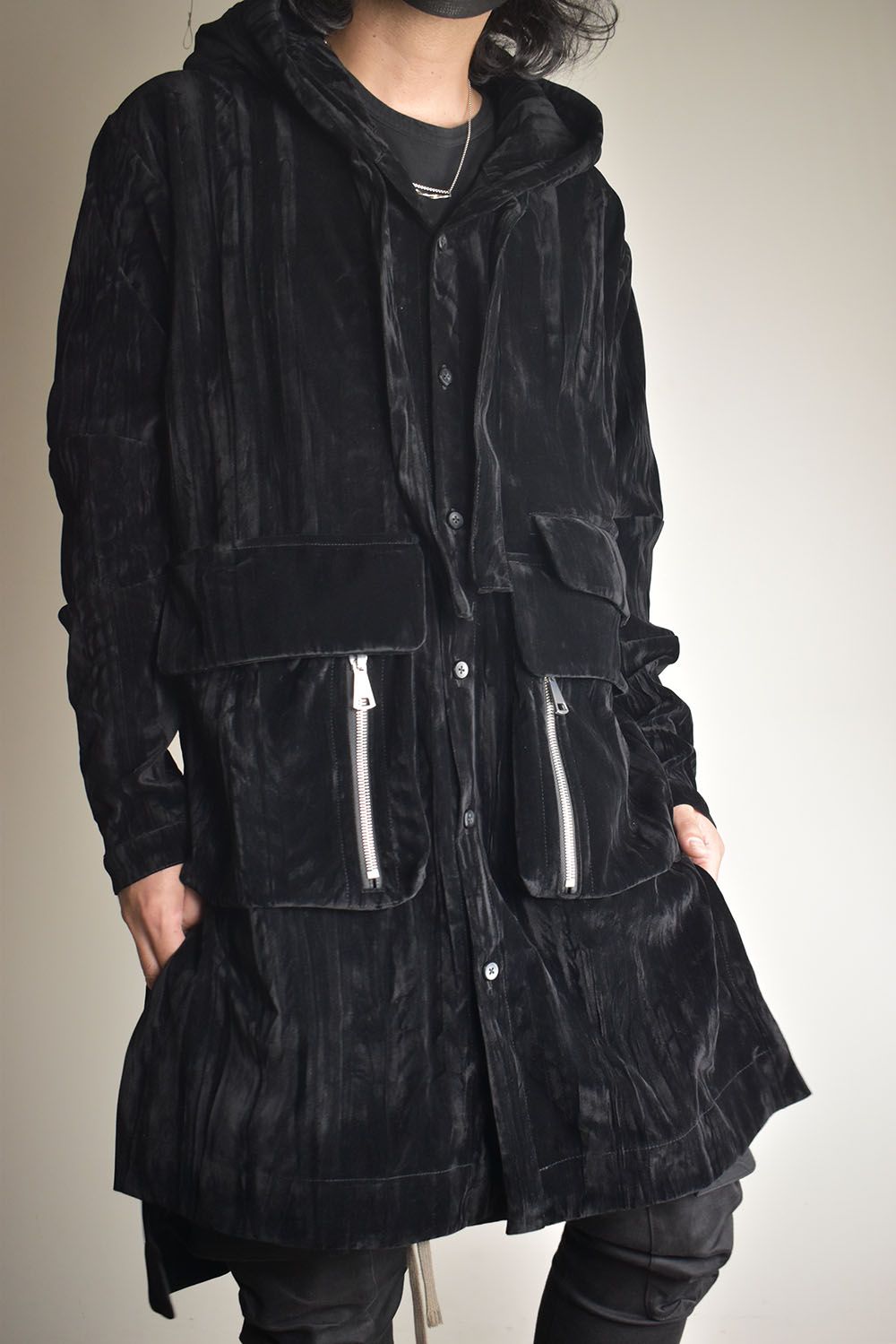 Washer Velour Hooded Long Jacket"Black" / ワッシャーベロアフーデッドロングジャケット"ブラック"
