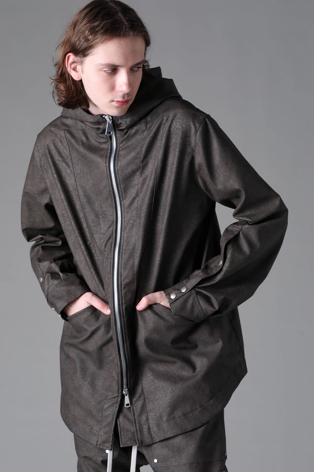 《2026AW先行予約》Vegan Leather Hoodie Blouson"Khaki" / ヴィーガンレザーフーディブルゾン"カーキ"