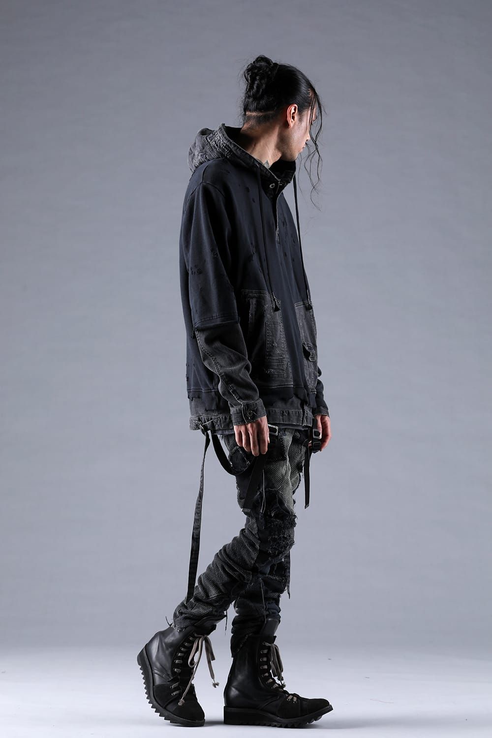 Denim Combination Non-Twisted Yarn Lined Oversized Pullover Hoodie"Black" / デニムコンビネーション無撚糸裏毛オーバーサイズプルオーバーフーディー"ブラック"