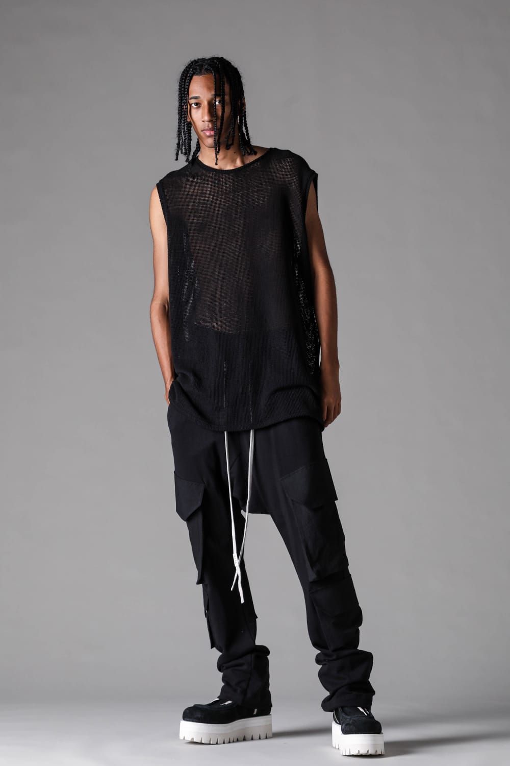 《2027SS先行予約》Lightweight French Terry Sarrouel Flare Cargo Pants"Black" / ミニ裏毛サルエルフレアカーゴパンツ"ブラック"