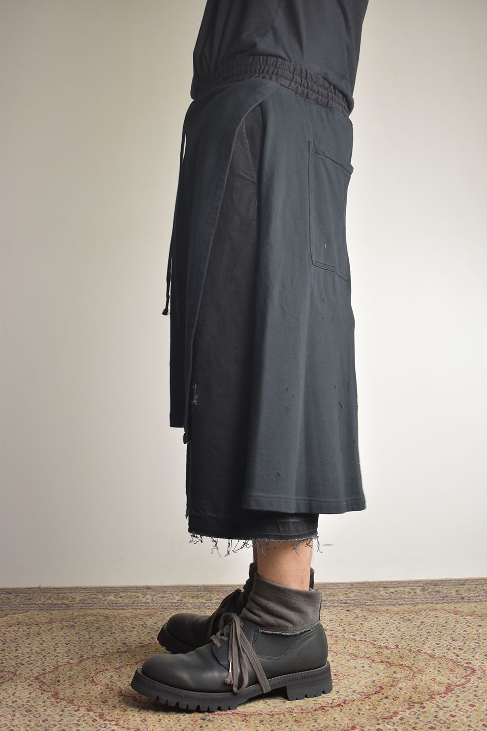 Stretch Denim Distressed Apron Wide Cropped Pants "Black" / ストレッチデニムダメージエプロンワイドクロップドパンツ"ブラック"