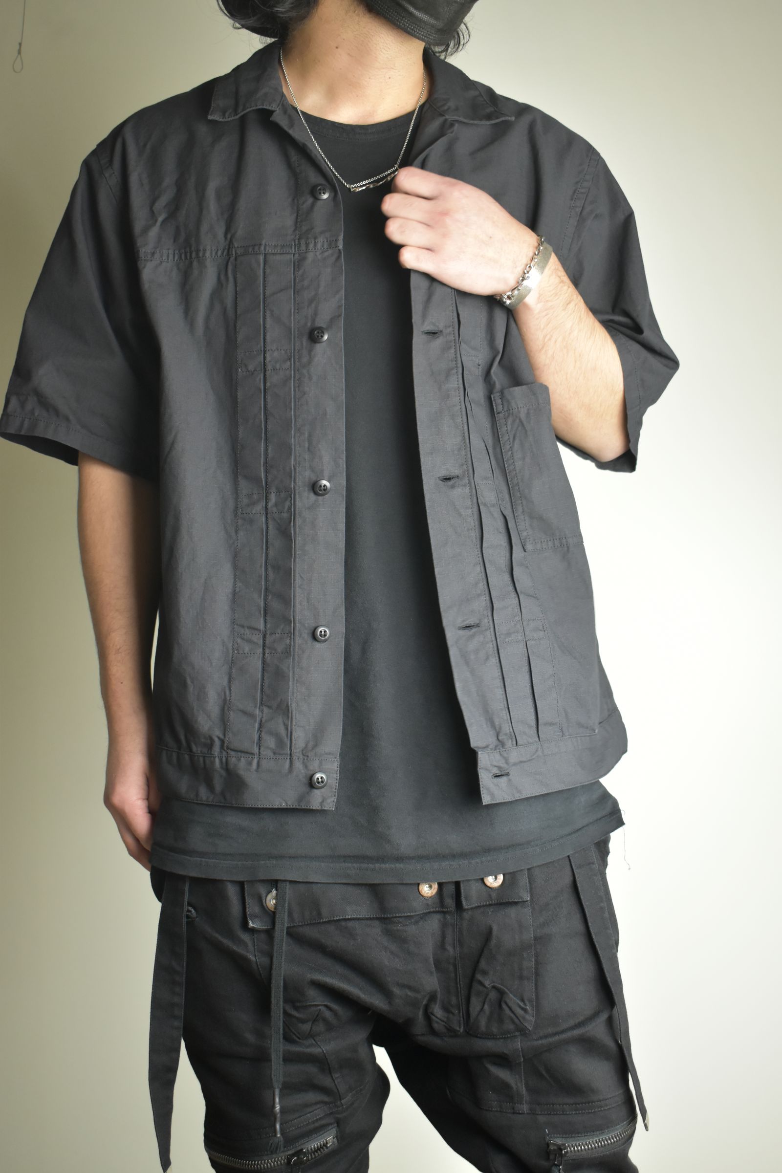 Rip Stop Open Collar Shirt"Black" / リップストップオープンカラーシャツ"Black"