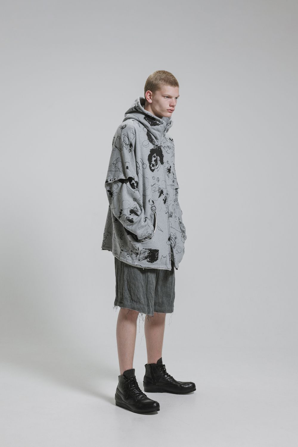 Sweat Oversize Print Zip Up Hoodie"Grey" / スウェットオーバーサイズプリントジップアップパーカ"グレー"