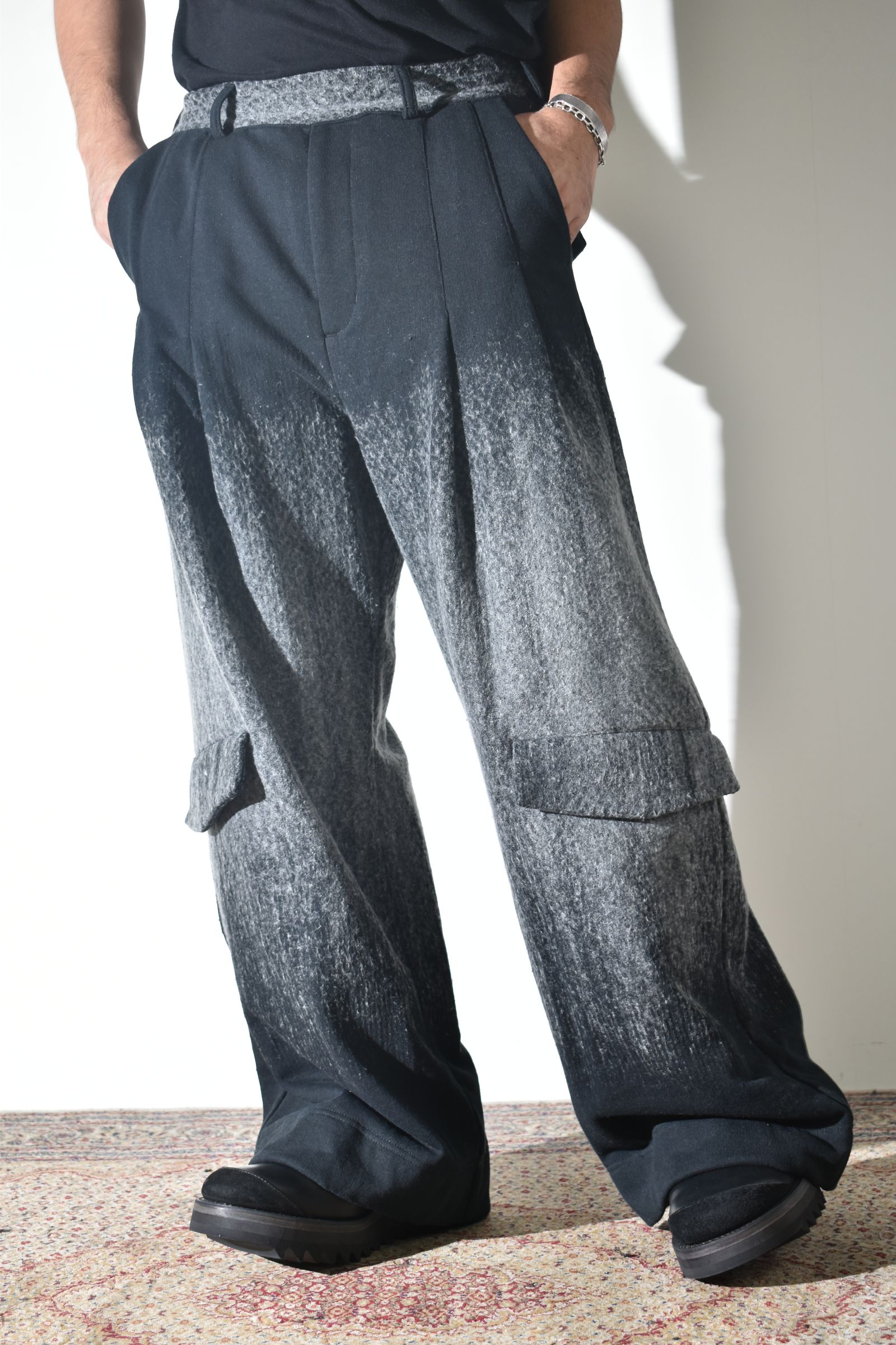 Gradient Needle Punch Sinflap Baggy Pants "Black Based" / グラデーションニードルパンチシンフラップバギーパンツ"ブラックベース"