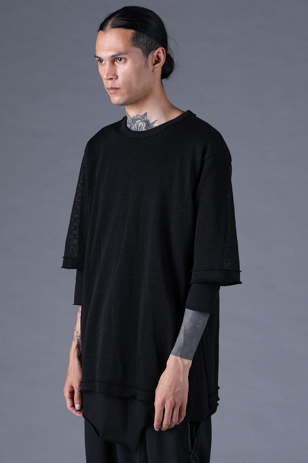 《2027SS先行予約分》Japanese Paper Cotton Knit Layered T-Shirt "Black" / 和紙コットンニットレイヤードTee "ブラック"