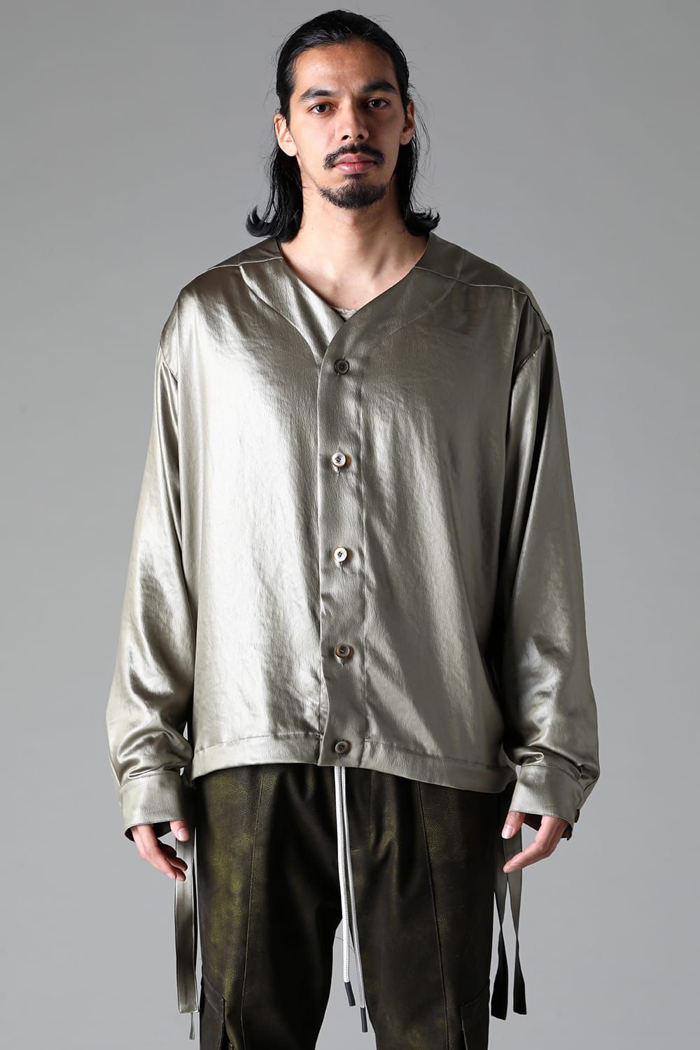 《2025AW先行予約》Chintz Satin Collarless Shirts"Black/Khaki/L.Grey/D.Grey"/チンツサテンカラーレスシャツ"ブラック/カーキ/ライトグレー/ダークグレー"