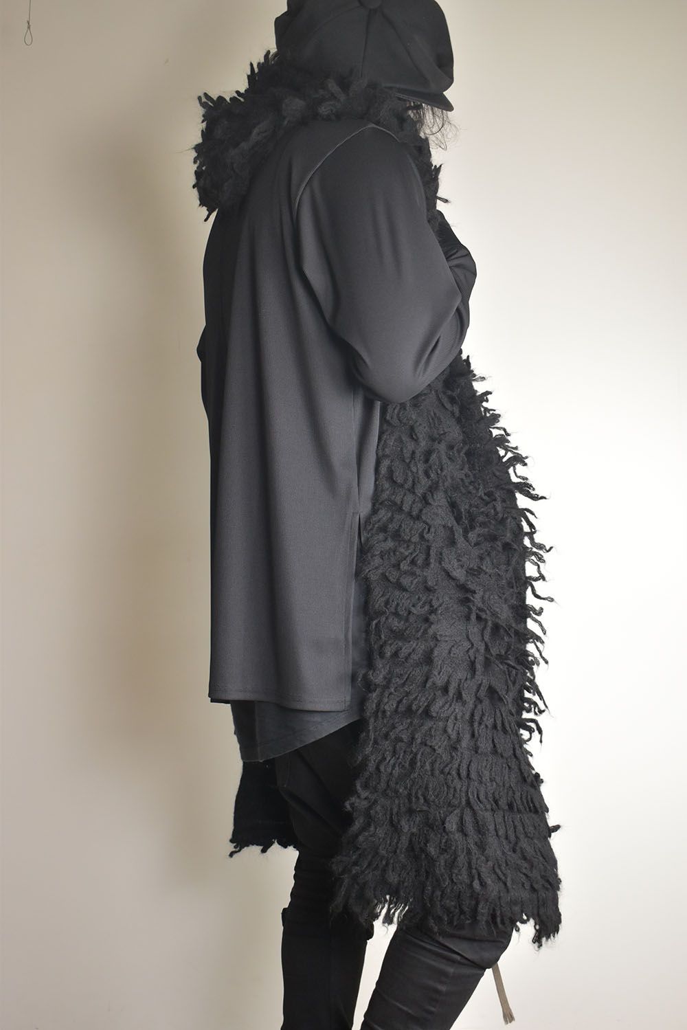 5GG Long Pile Knit Hoodie Stole"Black" / ロングパイルニットフーディストール"ブラック"