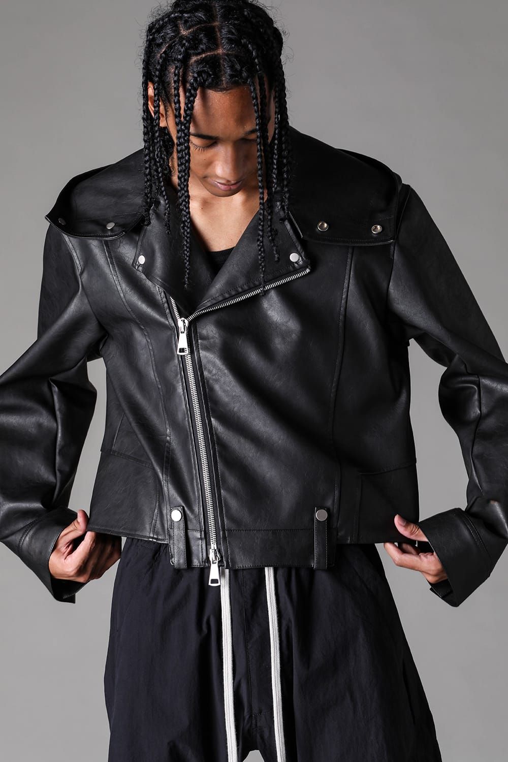 《2027SS先行予約》Vegan Leather Hoodei Double Riders "Black" / ヴィーガンレザーフーディダブルライダース"ブラック"